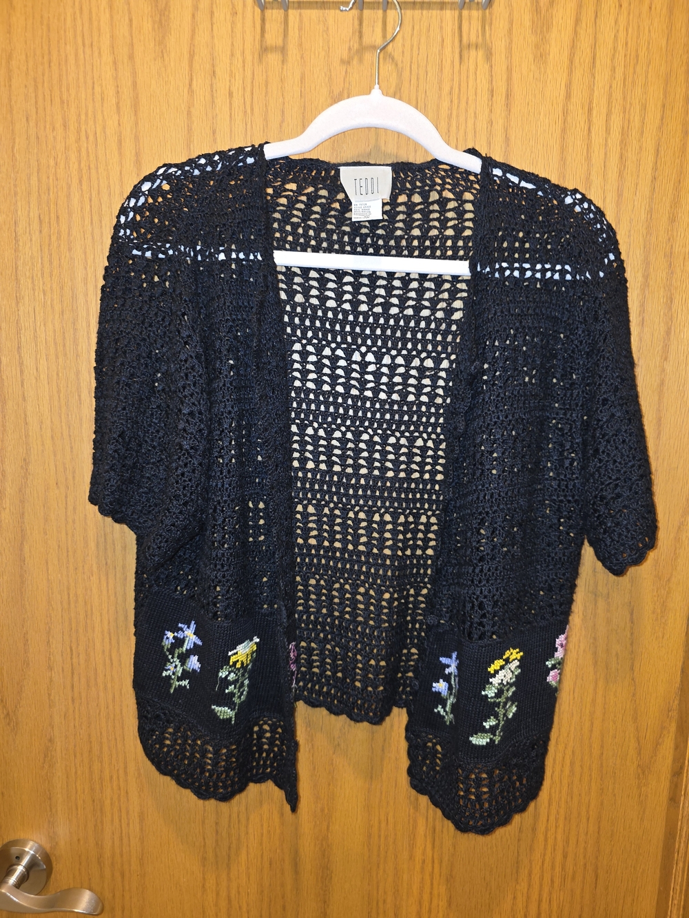 Vintage Black Crocheted Open Cardigan with Floral Embroidery